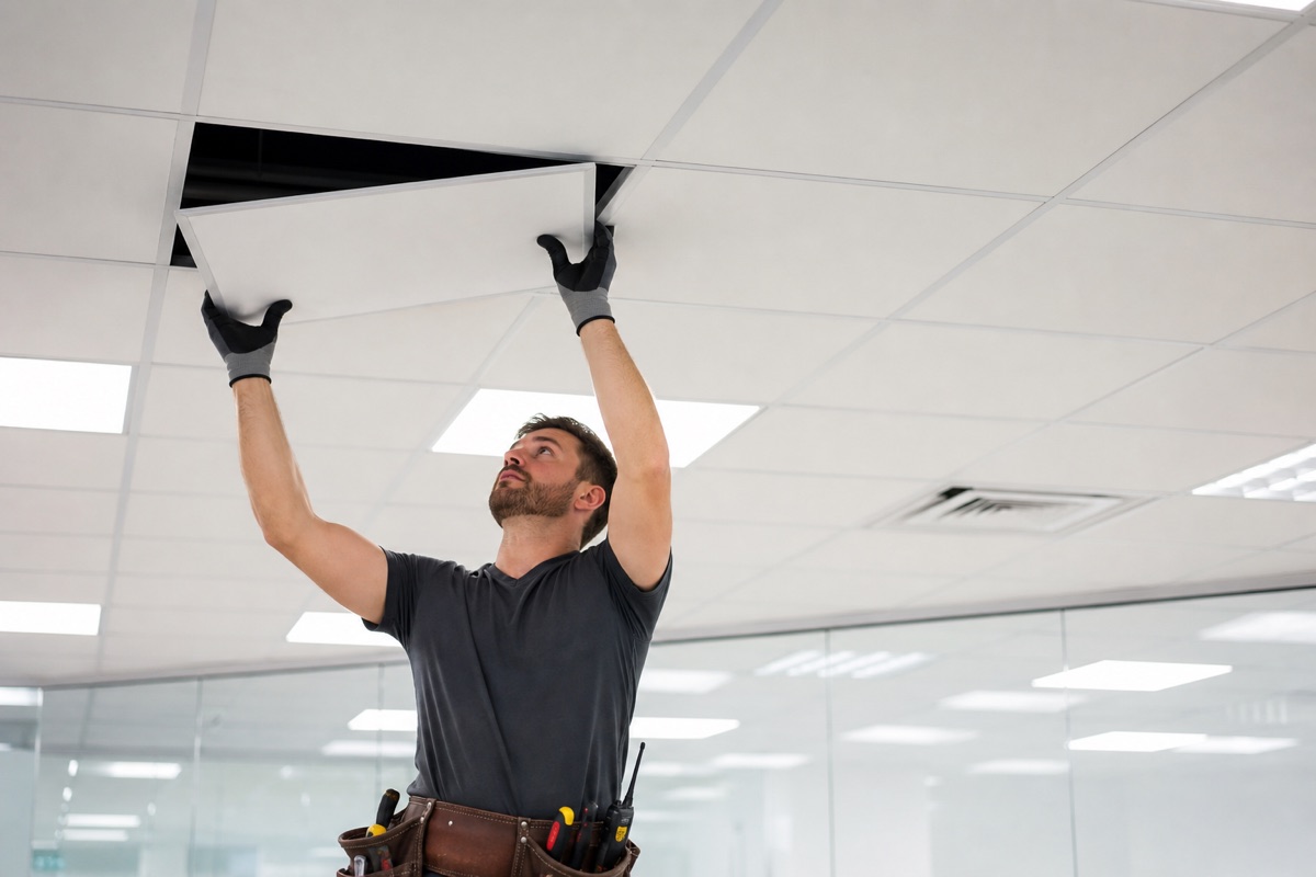 Licensed electrician installing commercial LED lighting